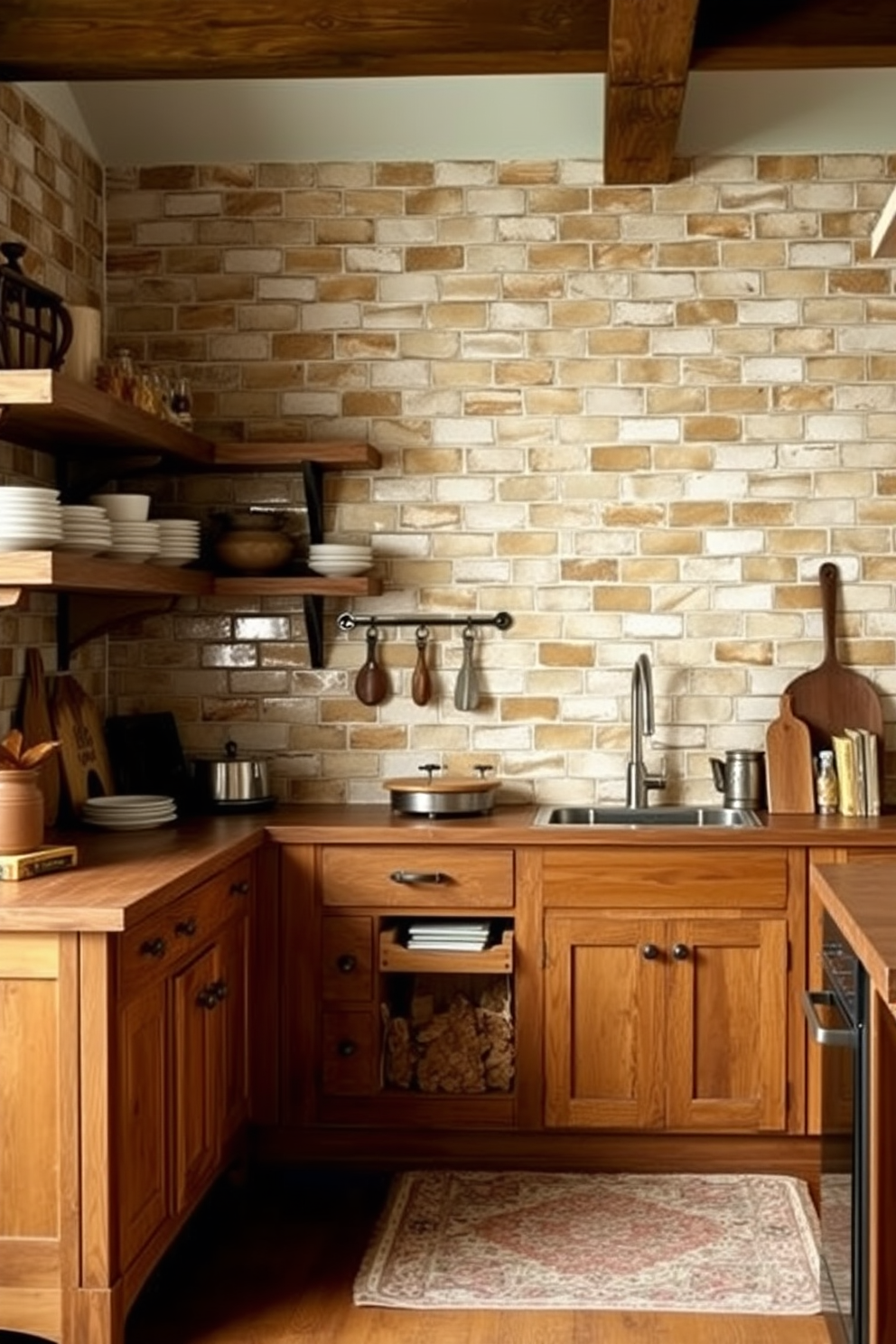 A rustic kitchen featuring a wooden island with a butcher block top. The island is surrounded by high-backed stools and complemented by open shelving displaying vintage dishware.