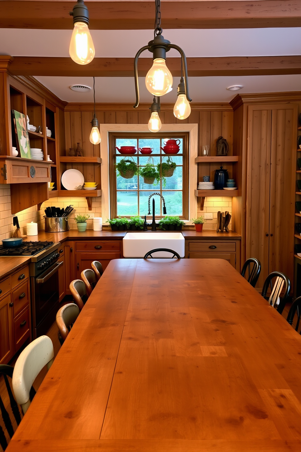 A rustic kitchen filled with warmth and charm. The centerpiece is a large wooden farmhouse table surrounded by mismatched chairs, illuminated by vintage light fixtures with Edison bulbs hanging above. The cabinetry features distressed wood finishes with open shelving displaying colorful dishware. A large apron sink sits beneath a window, with potted herbs lining the sill, enhancing the inviting atmosphere.