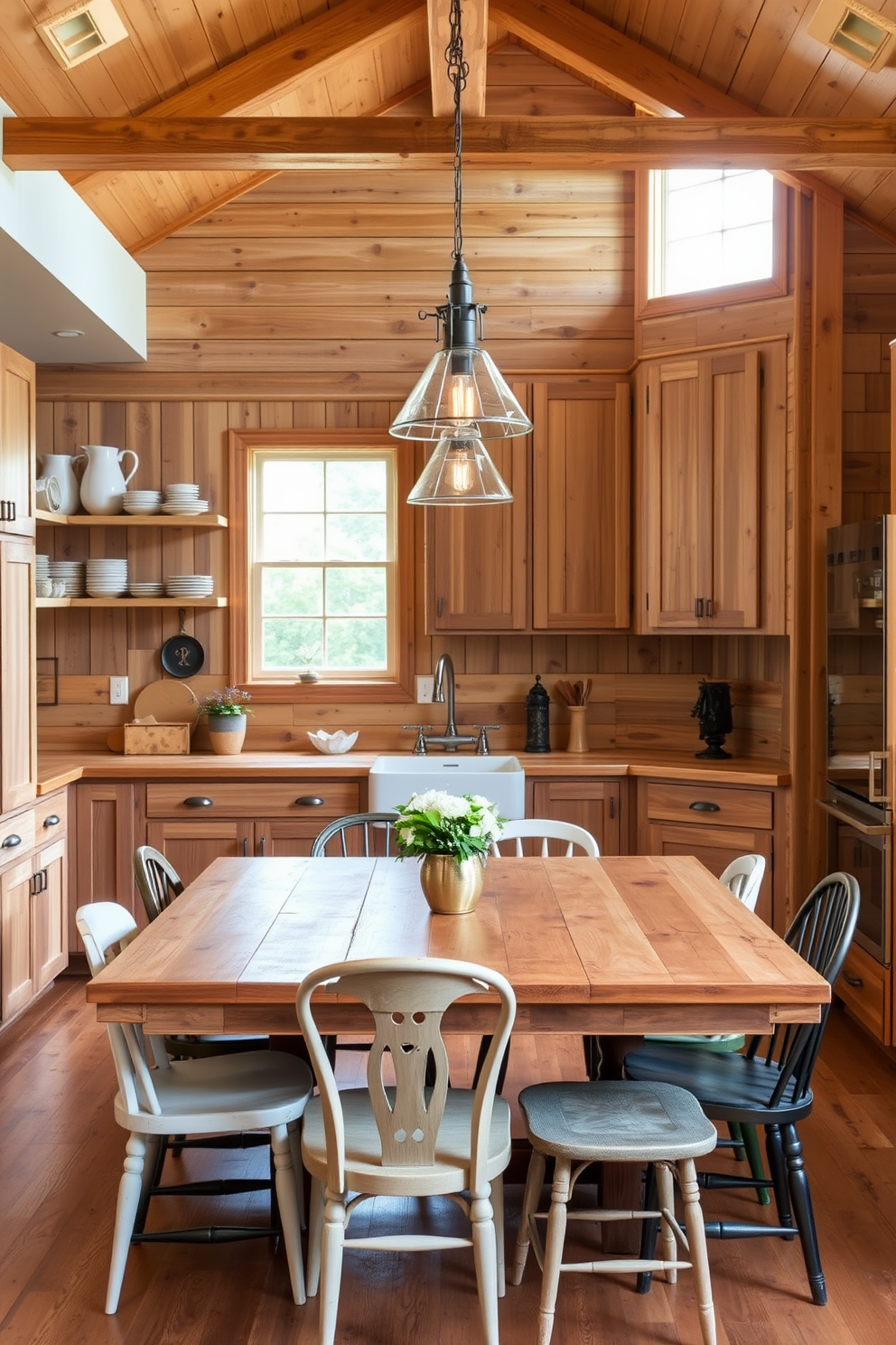 Natural wood cabinetry with a weathered look creates a warm and inviting atmosphere. The kitchen features open shelving displaying rustic dishware and a farmhouse sink beneath a large window. A reclaimed wood dining table sits at the center, surrounded by mismatched chairs for a cozy, eclectic feel. Soft, ambient lighting from pendant fixtures enhances the rustic charm of the space.