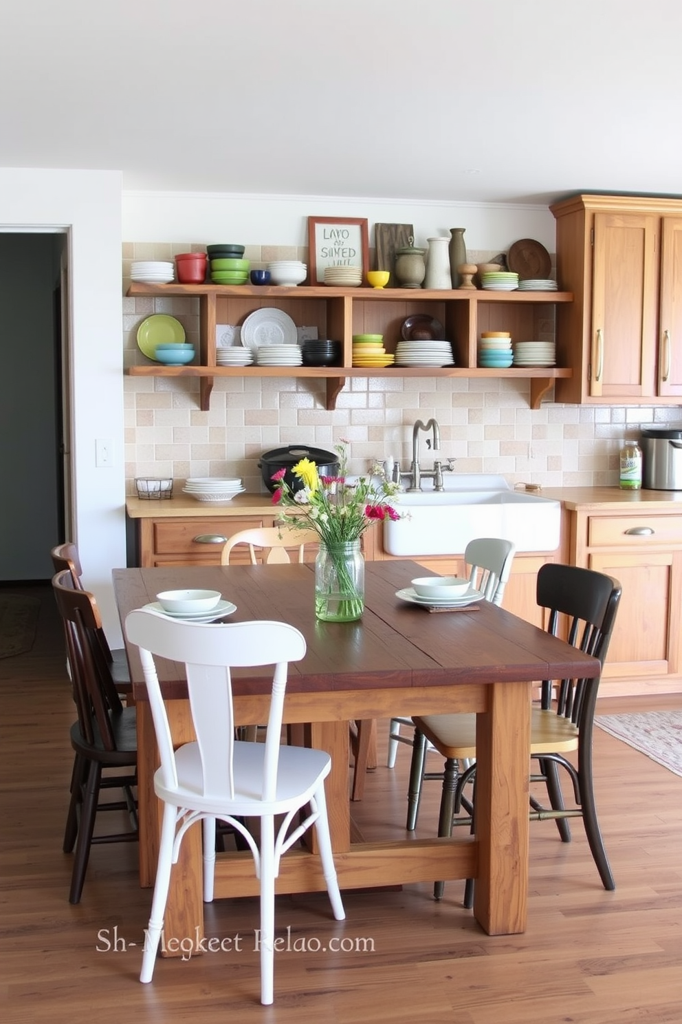 A rustic kitchen design featuring an earthy color palette with warm tones. The cabinetry is made of reclaimed wood, complemented by a farmhouse sink and brass fixtures. The countertops are a rich, textured stone that adds warmth to the space. A large wooden dining table sits in the center, surrounded by mismatched chairs for a cozy, inviting atmosphere.