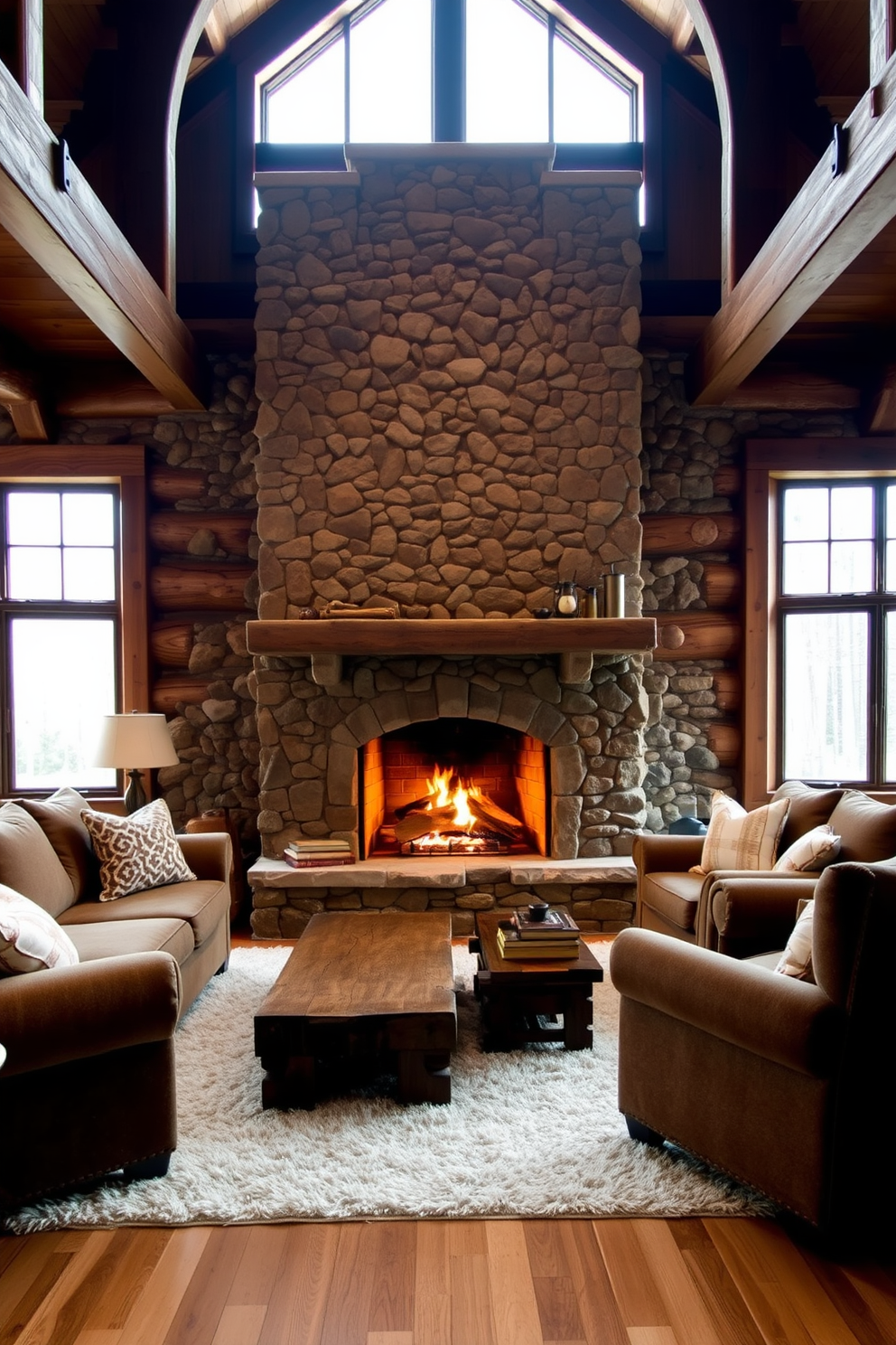 Cozy stone fireplace with wooden beams. The fireplace is surrounded by comfortable seating, including a plush sofa and oversized armchairs, all in warm earthy tones. Natural light floods the room through large windows, highlighting the rich textures of the wood and stone. A soft area rug lies beneath a rustic coffee table, creating an inviting atmosphere for relaxation.