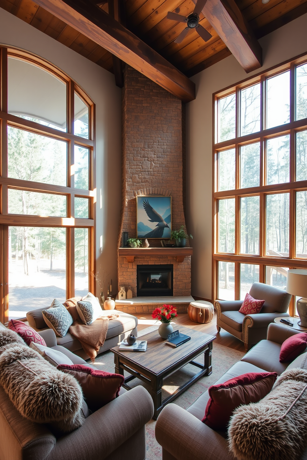 A rustic living room filled with natural light from large windows that frame a stunning view of the outdoors. The space features a cozy seating arrangement with a plush sectional sofa and a reclaimed wood coffee table at the center. The walls are adorned with exposed wooden beams and a stone fireplace that serves as a focal point. Earthy tones and textured fabrics create a warm and inviting atmosphere, complemented by carefully selected rustic decor elements.