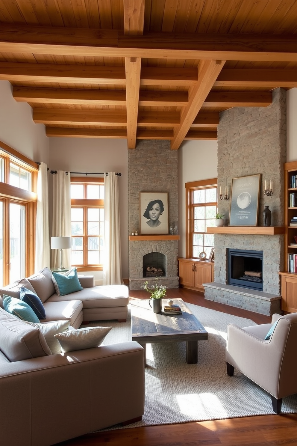 A cozy living room that blends modern and rustic elements. The space features a large sectional sofa in a soft gray fabric paired with a reclaimed wood coffee table. On one side, a stone fireplace serves as a focal point, surrounded by built-in shelves filled with books and decorative items. Natural light floods the room through large windows adorned with simple linen curtains, highlighting the warm wooden beams on the ceiling.