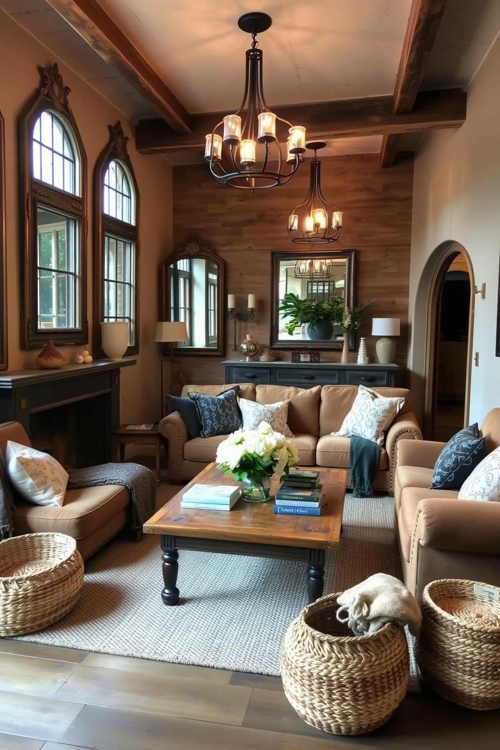 A rustic living room features exposed brick walls and a reclaimed wood beam ceiling. The space is illuminated by industrial light fixtures with Edison bulbs hanging above a large leather sofa and a reclaimed wood coffee table.