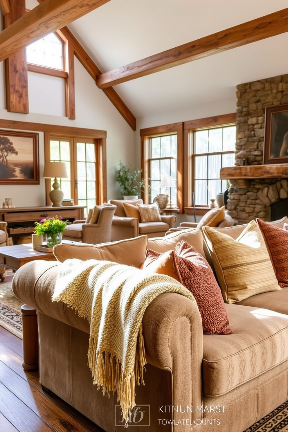 A cozy rustic living room features a comfortable sofa adorned with natural fiber throw pillows in earthy tones. A woven blanket drapes over the armrest, inviting warmth and comfort to the space. The room is accented with reclaimed wood furniture and a stone fireplace as the focal point. Large windows allow natural light to fill the room, enhancing the inviting atmosphere.