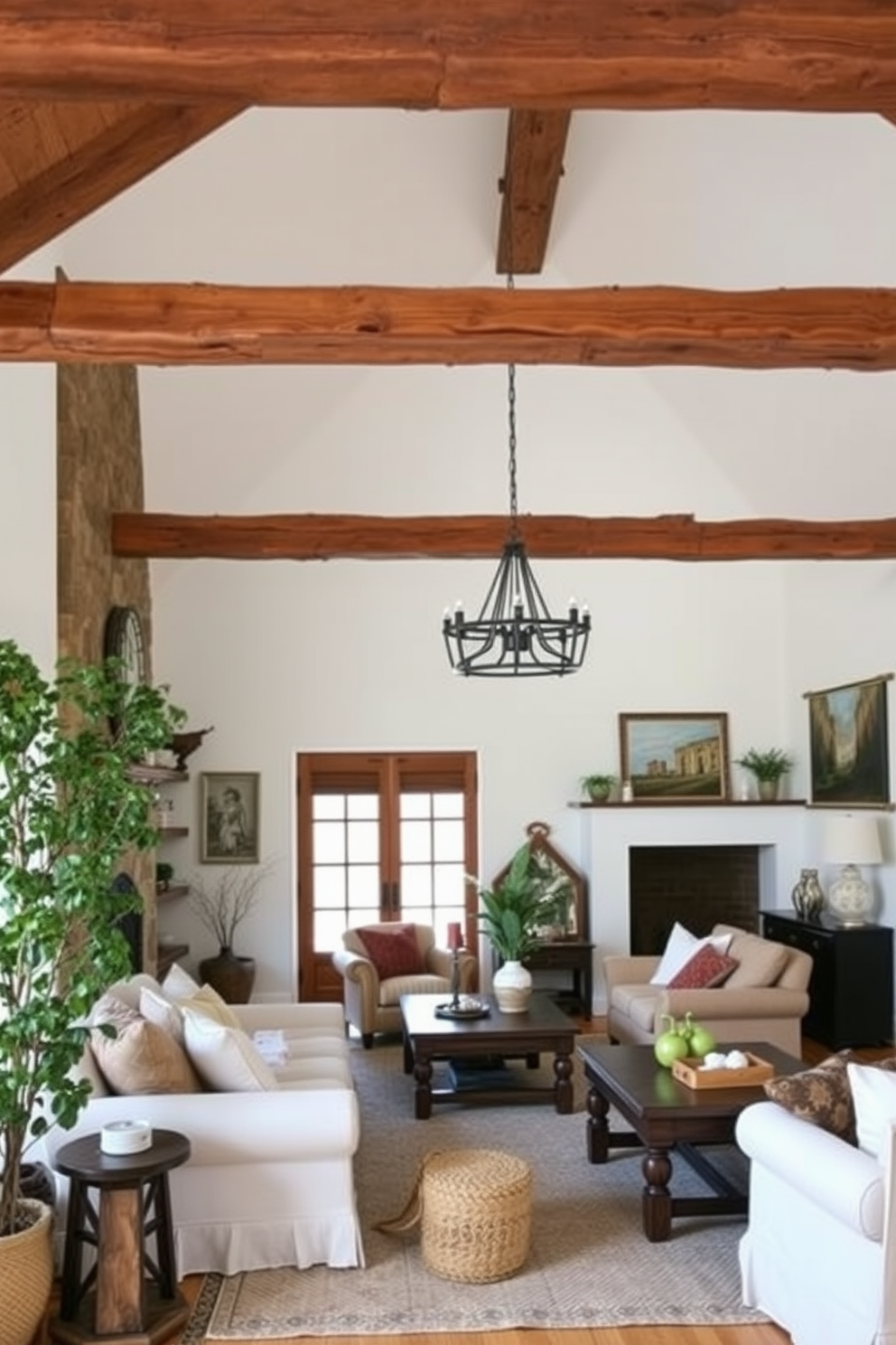 A cozy rustic living room features wooden ceiling beams that add warmth and character to the space. The white walls create a bright and airy atmosphere, complementing the natural textures of the furniture and decor.