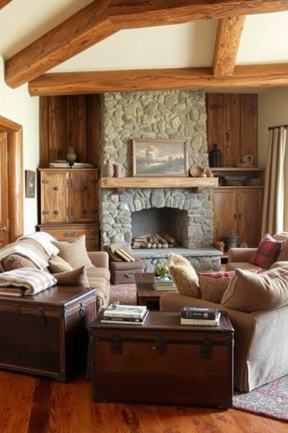 A cozy rustic living room features vintage trunks creatively used as unique storage solutions. The trunks are placed strategically around the room, adding character and charm to the space while providing practical storage for blankets and books. The room is adorned with warm wooden beams and a stone fireplace that serves as a focal point. Plush seating in earthy tones complements the rustic aesthetic, creating an inviting atmosphere for relaxation and gatherings.