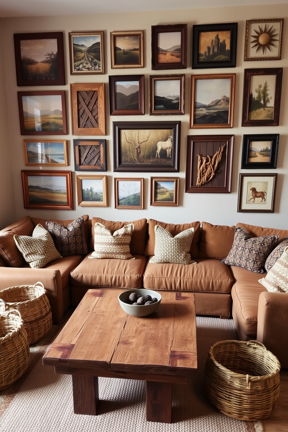 A gallery wall adorned with a collection of rustic art pieces creates a warm and inviting atmosphere. The artwork features natural landscapes and vintage frames that complement the overall rustic theme. The living room is designed with a cozy arrangement of furniture, including a large sectional sofa upholstered in earthy tones. A reclaimed wood coffee table sits at the center, surrounded by woven baskets and textured throw pillows for added comfort.