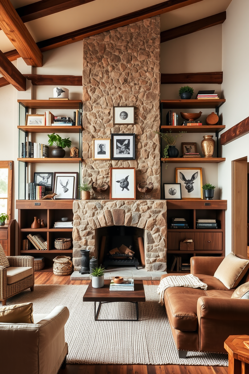 Open shelving is adorned with a curated selection of decorative items including books, plants, and unique art pieces. The rustic living room features exposed wooden beams, a cozy fireplace, and a warm color palette that invites relaxation.