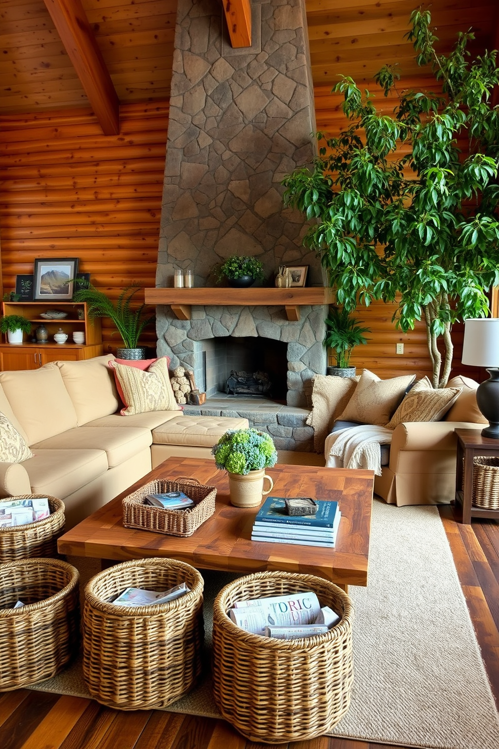 A rustic living room features a large, comfortable sectional sofa in a warm beige fabric, complemented by a wooden coffee table made from reclaimed wood. Woven baskets are strategically placed around the room, providing stylish organization for blankets and magazines while adding texture to the space. The walls are adorned with natural wood paneling, and a stone fireplace serves as the focal point, creating a cozy atmosphere. Accents of greenery, such as potted plants and a large indoor tree, bring life and warmth to the rustic design.