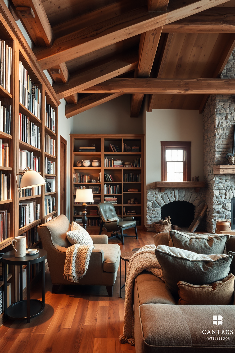 Cozy reading nook with armchair. A plush armchair is positioned in the corner, surrounded by tall bookshelves filled with books. Soft, warm lighting from a nearby floor lamp creates an inviting atmosphere. A small side table holds a steaming cup of tea and a cozy blanket draped over the armchair. Rustic living room design ideas. Exposed wooden beams stretch across the ceiling, complemented by a stone fireplace at one end of the room. A large, comfortable sectional sofa is adorned with textured throw pillows and a chunky knit blanket. Natural wood accents and earthy tones enhance the warm and welcoming feel of the space.