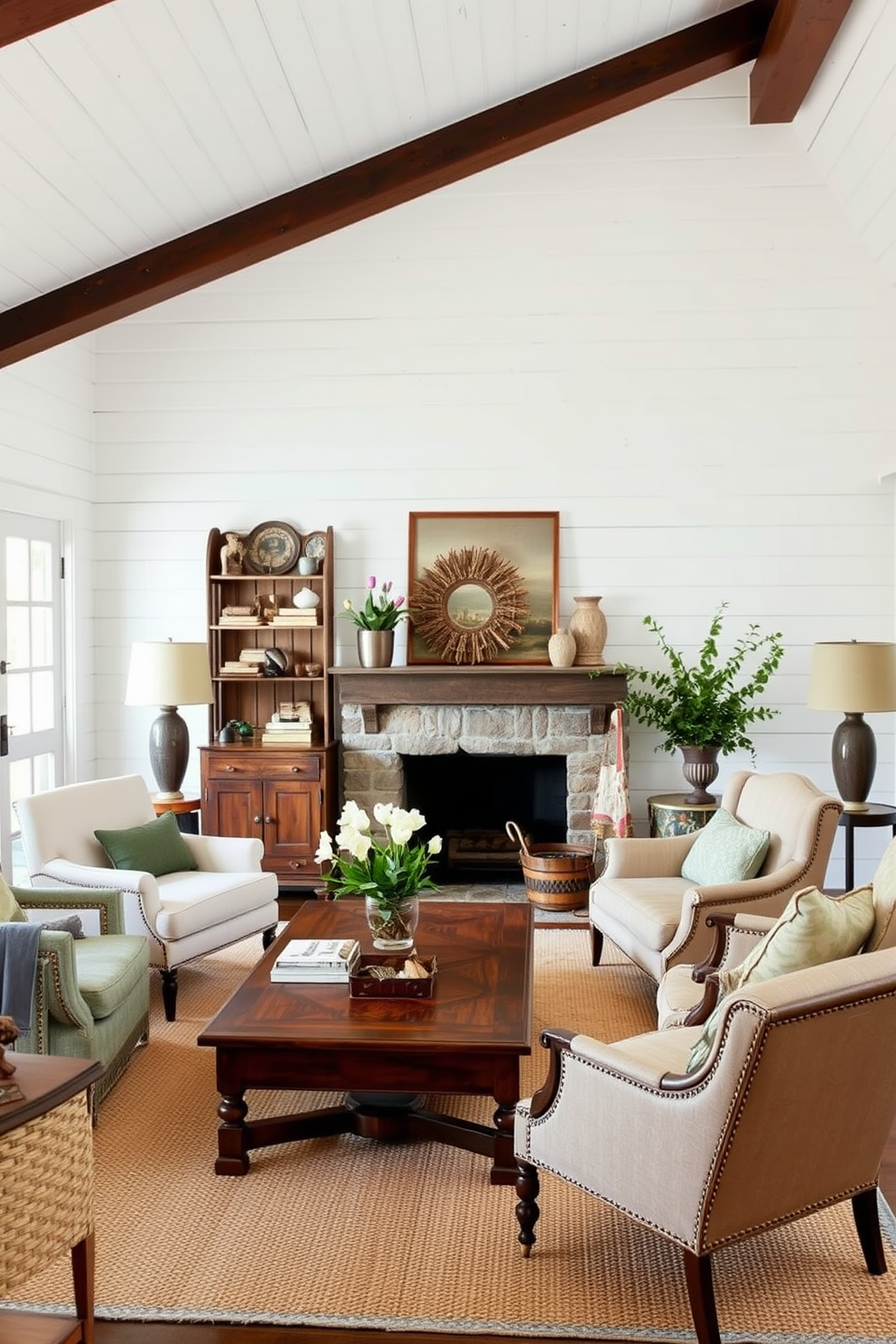 A cozy living room featuring exposed wooden beams on the ceiling creates a warm and inviting atmosphere. The space is adorned with a large sectional sofa in earthy tones, complemented by a reclaimed wood coffee table and a plush area rug. Natural light floods the room through large windows dressed with sheer curtains, enhancing the rustic charm. A stone fireplace serves as the focal point, surrounded by comfortable seating and rustic decor elements.