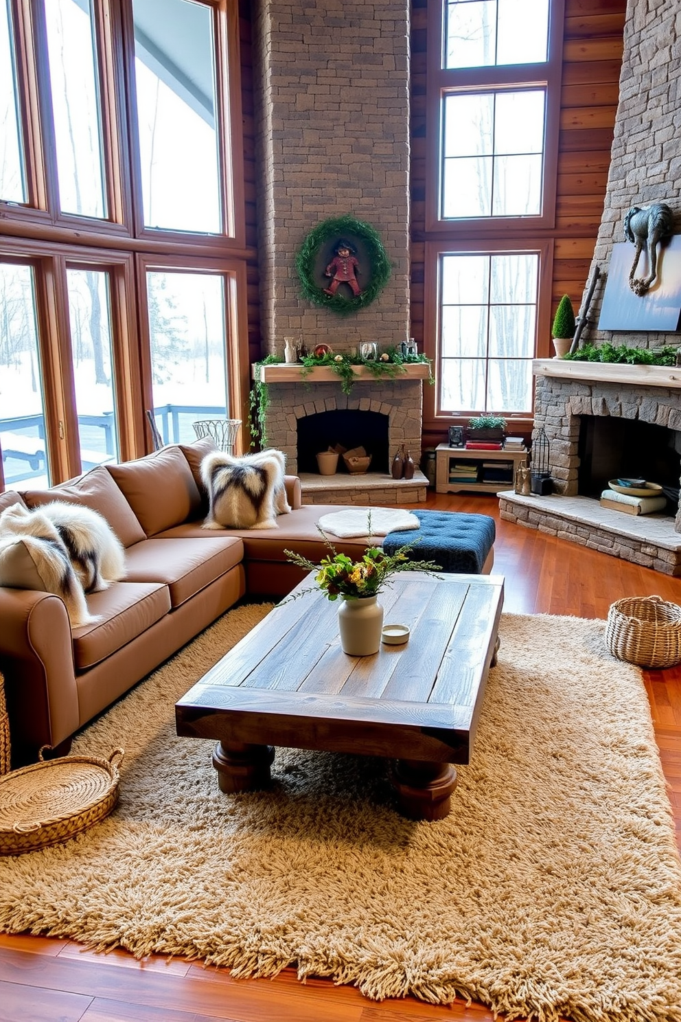 A cozy rustic living room featuring a large sectional sofa adorned with faux fur throw pillows. A reclaimed wood coffee table sits in the center, surrounded by woven baskets and a plush area rug. The walls are clad in warm-toned wood paneling, and large windows allow natural light to flood the space. A stone fireplace acts as a focal point, with a mantle decorated with rustic decor and greenery.