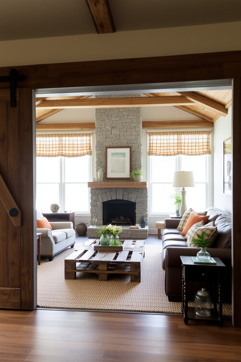 A cozy living room featuring an array of succulent plants in rustic terracotta pots placed on a reclaimed wood coffee table. The walls are adorned with warm neutral tones, and a plush beige sofa invites relaxation, complemented by woven throw blankets and textured cushions.