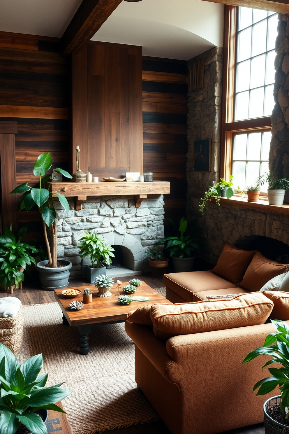 A cozy rustic living room filled with natural light. There are various indoor plants placed around the room, including a tall fiddle leaf fig in the corner and smaller succulents on the coffee table. The walls are adorned with reclaimed wood paneling, and a large stone fireplace serves as the focal point. A plush, oversized sofa in earthy tones is complemented by a woven area rug and vintage accents throughout the space.