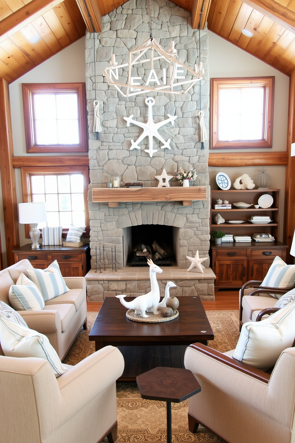 A cozy rustic living room filled with warm wood tones and natural textures. A large stone fireplace serves as the focal point, surrounded by comfortable seating featuring soft, earthy fabrics. Nautical elements create a refreshing coastal vibe in the space. Light blue and white striped accents are incorporated through cushions and decor, while driftwood and seashells adorn the shelves.