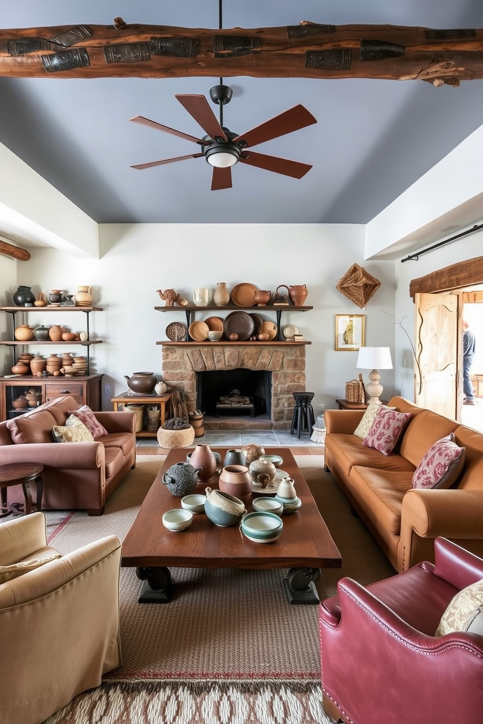 A rustic living room featuring a handcrafted pottery and ceramics display. The room includes a large wooden coffee table surrounded by comfortable, earthy-toned sofas and armchairs.