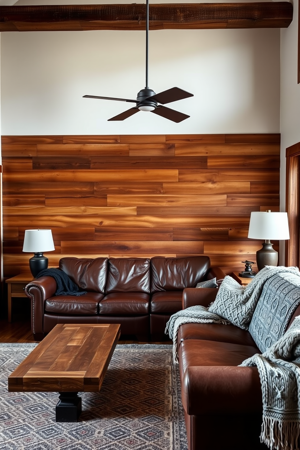 A rustic living room features a stunning wooden accent wall that adds warmth and texture to the space. The room is furnished with a plush leather sofa, a reclaimed wood coffee table, and cozy knitted throws that enhance the inviting atmosphere.