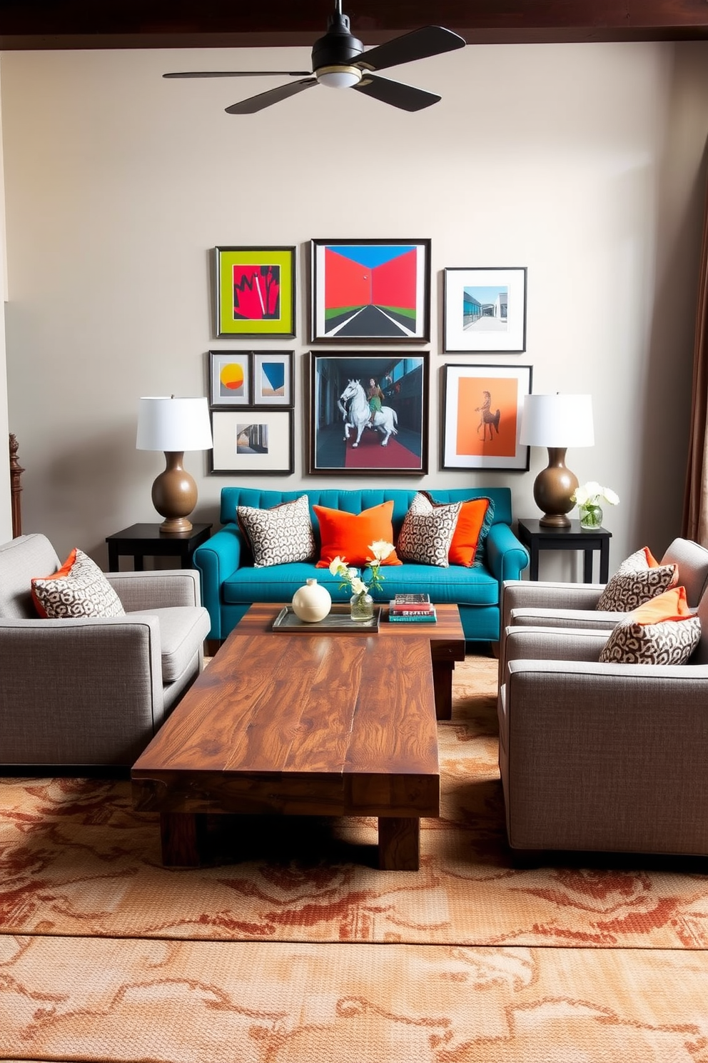 A cozy living room featuring a neutral color palette that includes soft beige and warm gray tones. Bold accents such as a vibrant teal sofa and bright orange throw pillows create a striking contrast against the muted backdrop. The room is anchored by a reclaimed wood coffee table, surrounded by a pair of oversized armchairs upholstered in a subtle patterned fabric. A large area rug with earthy tones adds texture, while a gallery wall of framed art in bold colors brings energy to the space.