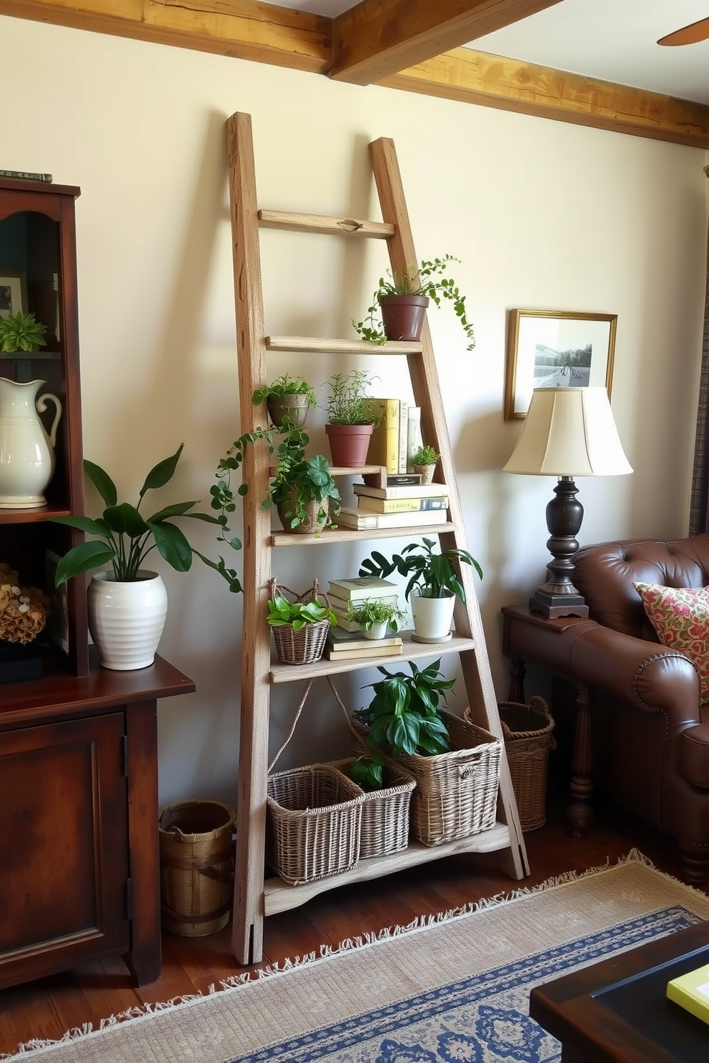 A cozy rustic living room features a vintage wooden ladder repurposed as a decorative display. The ladder is adorned with various plants, books, and woven baskets, adding a touch of warmth and character to the space.