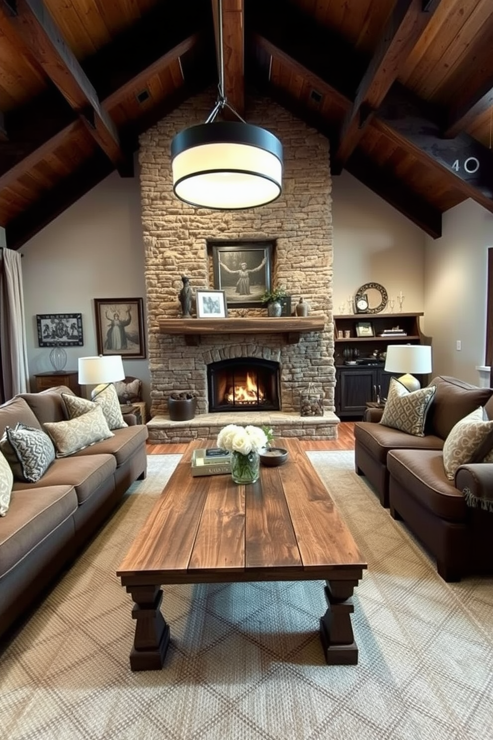 A cozy rustic living room features soft lighting that creates a warm and inviting ambiance. The space includes a large, comfortable sectional sofa adorned with textured throw pillows and a reclaimed wood coffee table at the center. Exposed wooden beams line the ceiling, enhancing the rustic charm of the room. A stone fireplace serves as the focal point, with a mantle decorated with carefully curated decor items and framed photographs.