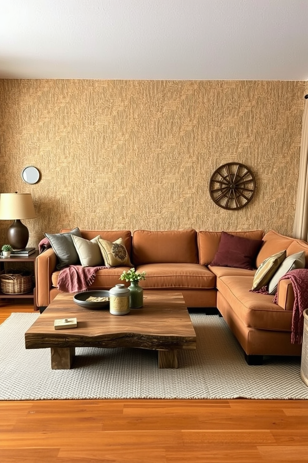 A cozy living room featuring wooden beams painted white to enhance the brightness of the space. The room is adorned with a large, comfortable sectional sofa in earthy tones, complemented by a rustic coffee table made from reclaimed wood. Natural light floods in through large windows, highlighting a stone fireplace that serves as the focal point. Soft, textured throw pillows and a woven area rug add warmth and comfort to the inviting atmosphere.