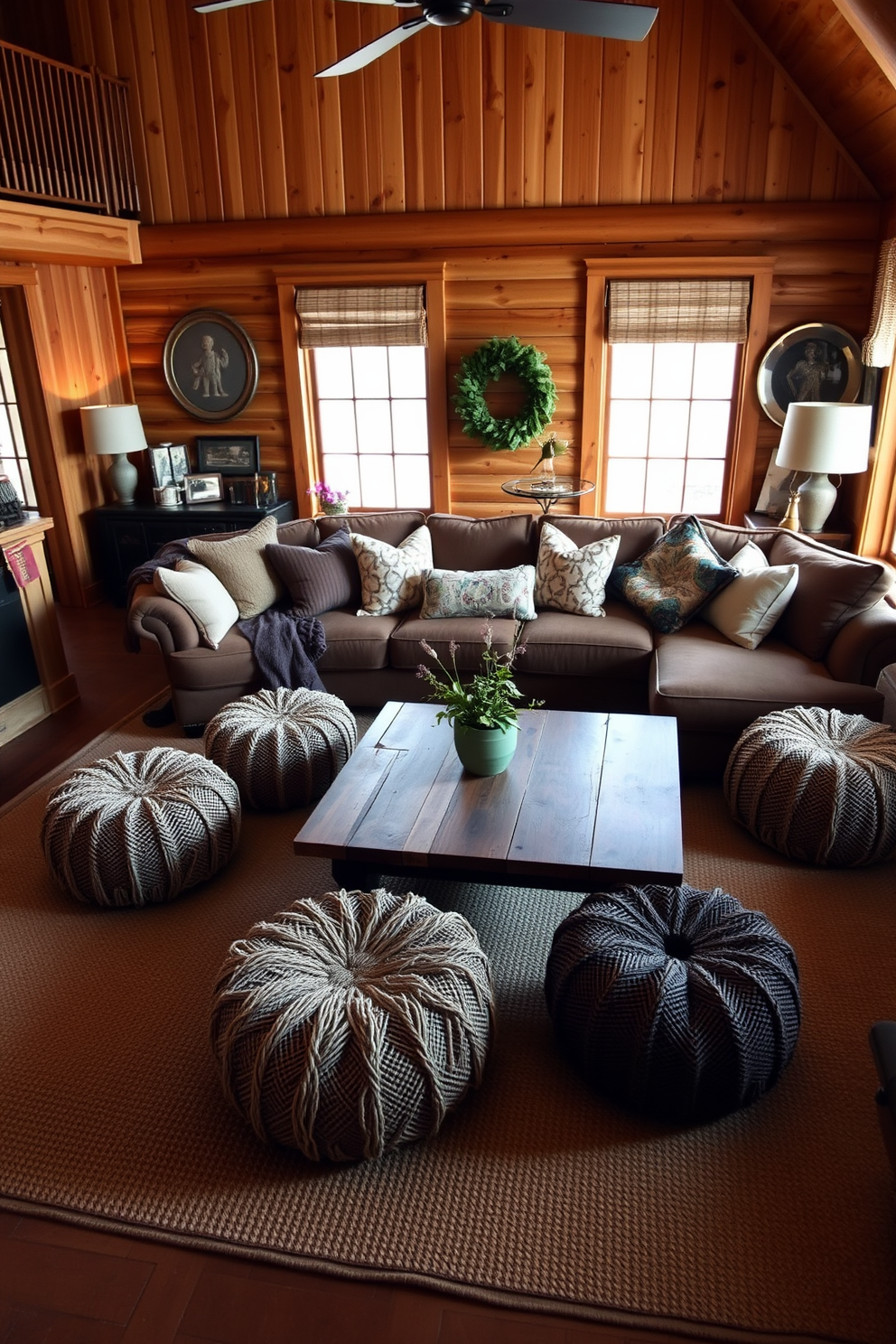 A cozy rustic living room featuring warm earth tones throughout. The walls are adorned with wooden panels, and the floor is covered with a large woven area rug. A comfortable sectional sofa in a rich brown fabric is accented with an assortment of plush throw pillows. A reclaimed wood coffee table sits in the center, surrounded by natural fiber poufs for additional seating.