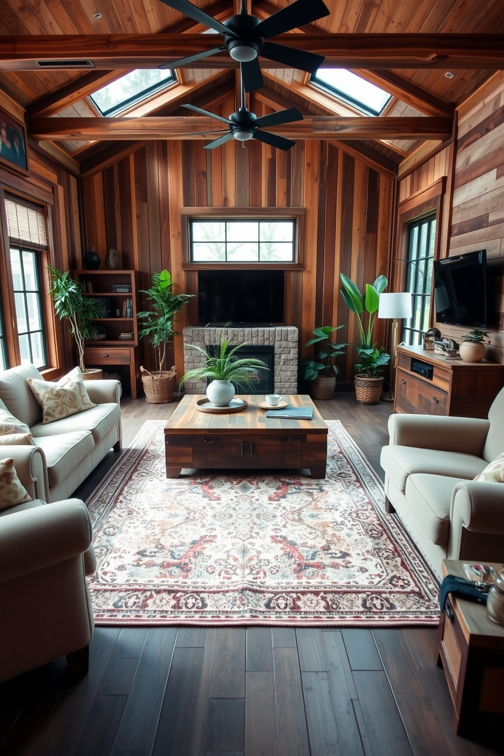 A cozy living room featuring reclaimed wood furniture that adds warmth and character to the space. The room includes a large reclaimed wood coffee table surrounded by plush seating and a vintage area rug that ties the design together. Natural light pours in through large windows, highlighting the unique textures of the wood. Accents of greenery from potted plants bring life to the rustic atmosphere, creating a welcoming environment.