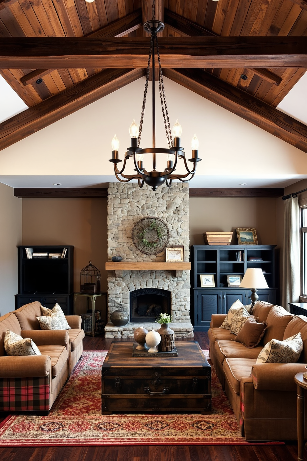 A rustic chandelier hangs from the ceiling, featuring warm Edison bulbs that cast a soft glow throughout the space. The living room is adorned with reclaimed wood beams, a large stone fireplace, and plush, earthy-toned furniture that invites relaxation. The walls are painted in a warm taupe, complemented by a cozy area rug with a tribal pattern underfoot. Vintage decor pieces, such as a weathered trunk and antique bookshelves, add character and charm to the rustic ambiance.