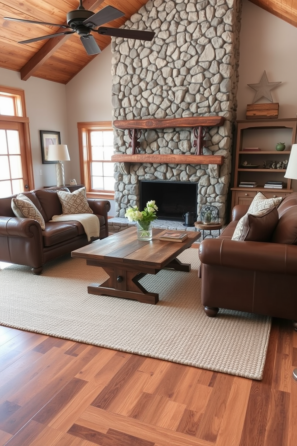 A warm neutral color palette envelops the rustic living room, creating a cozy and inviting atmosphere. The space features a plush beige sofa adorned with textured throw pillows, complemented by a reclaimed wood coffee table at the center. Exposed wooden beams stretch across the ceiling, enhancing the room's rustic charm. A stone fireplace serves as a focal point, surrounded by comfortable seating and soft, ambient lighting for a relaxing ambiance.