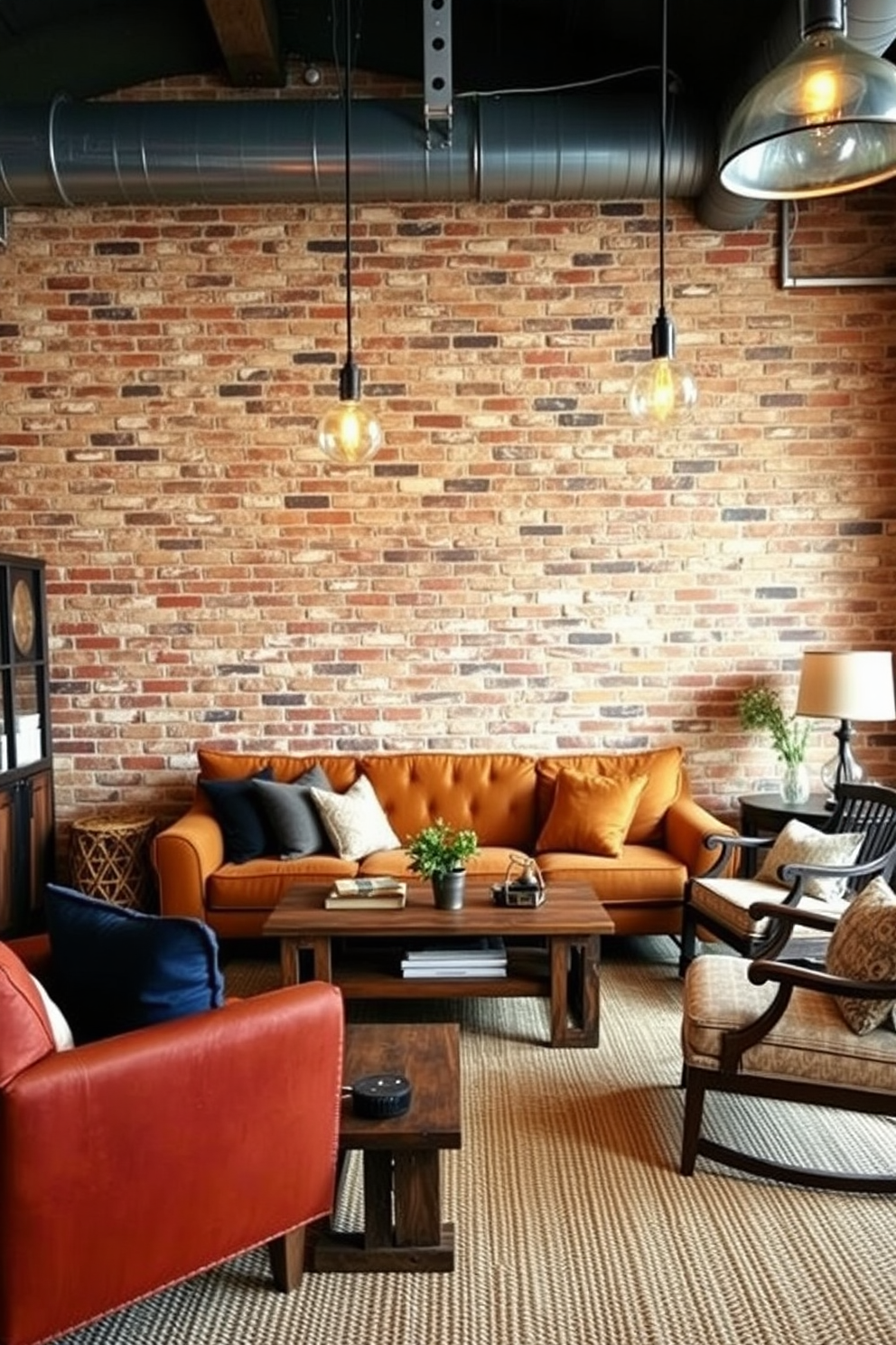 Create a cozy living room featuring an exposed brick wall that adds character and warmth to the space. Incorporate a large plush sofa in earthy tones, complemented by a reclaimed wood coffee table and vintage-inspired accent chairs. Add soft lighting with industrial-style pendant lamps hanging from the ceiling, casting a warm glow over the room. Decorate the space with a mix of textured throw pillows and a woven area rug to enhance the rustic charm.