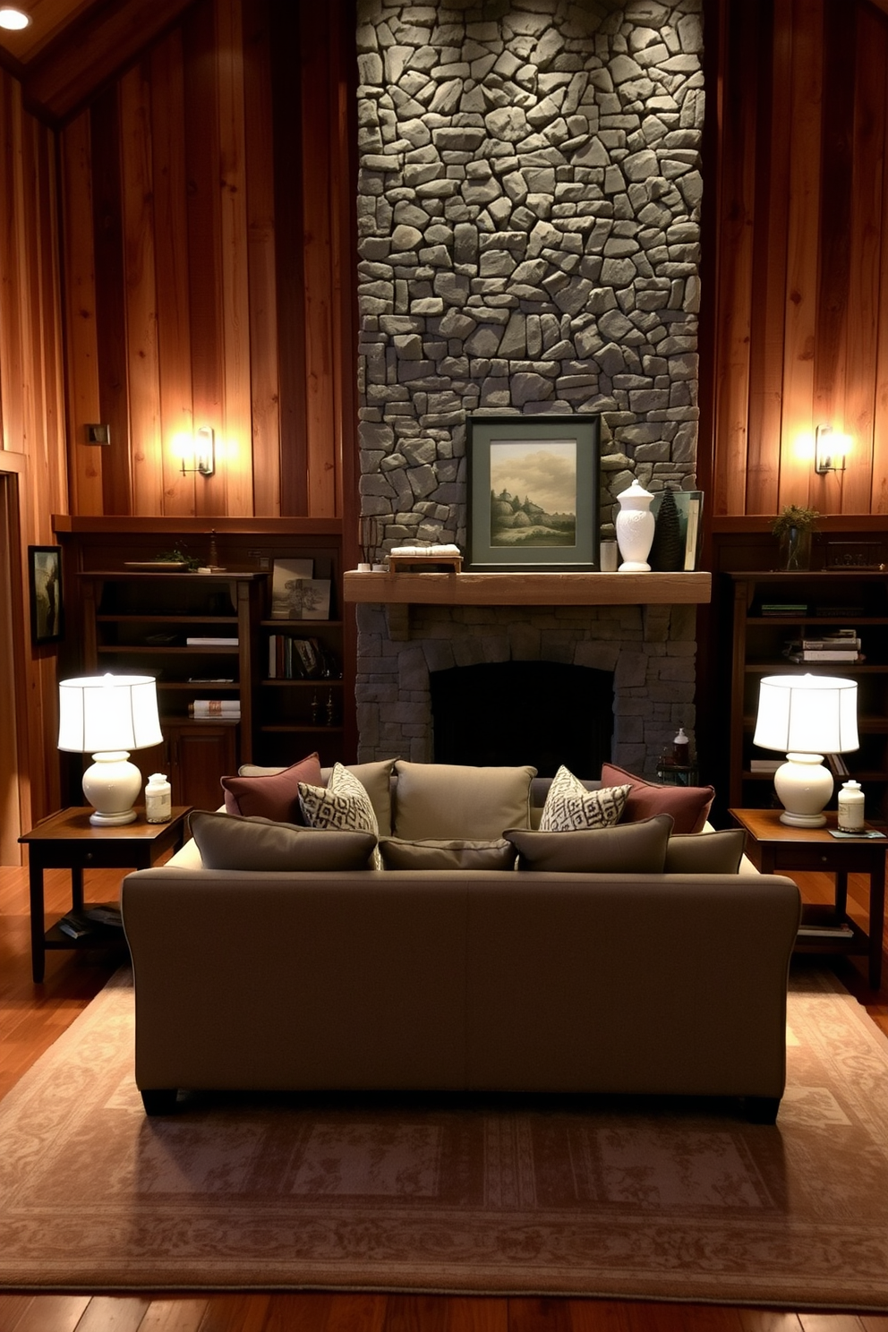 A cozy rustic living room featuring layered lighting that creates a warm ambiance. Soft table lamps are placed on side tables next to a plush sofa, illuminating the space with a gentle glow. The walls are adorned with reclaimed wood paneling, adding texture and warmth to the room. A large area rug anchors the seating area, while a stone fireplace serves as the focal point, enhancing the inviting atmosphere.