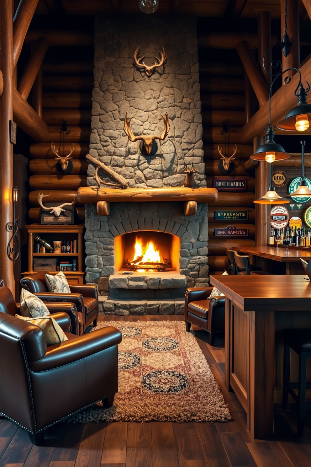 A cozy log cabin fireplace seating area features a large stone fireplace with a roaring fire, surrounded by comfortable leather armchairs and a plush wool rug. The walls are adorned with wooden beams and mounted antlers, creating a warm and inviting atmosphere. In the rustic man cave design, a reclaimed wood bar stands against one wall, with high stools and an assortment of vintage beer signs. Soft lighting from wrought iron fixtures casts a warm glow, enhancing the relaxed vibe of the space.