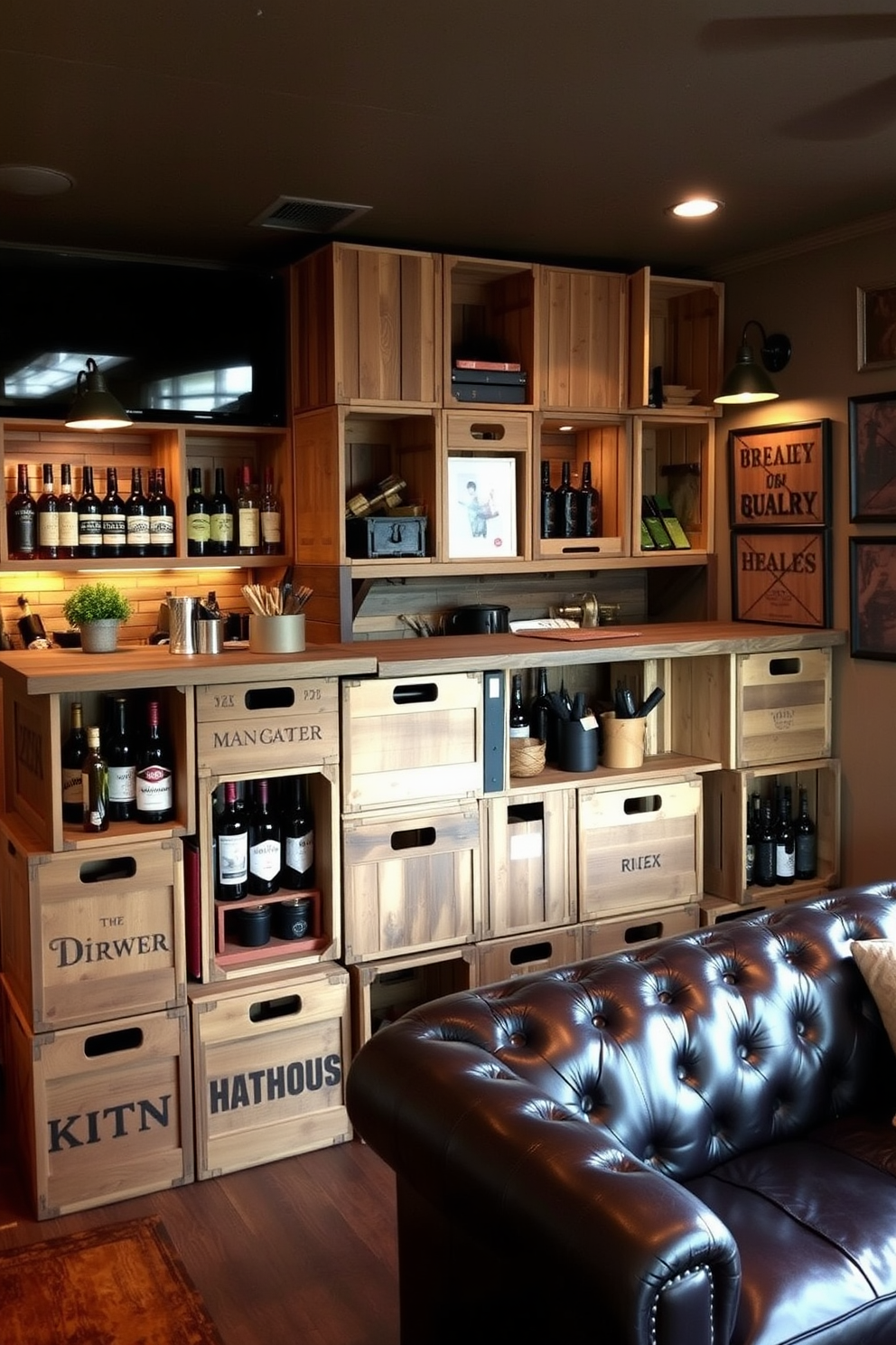 A cozy man cave featuring wooden crates used as stylish storage solutions. The rustic decor includes a reclaimed wood bar, comfortable leather seating, and warm lighting to create an inviting atmosphere.