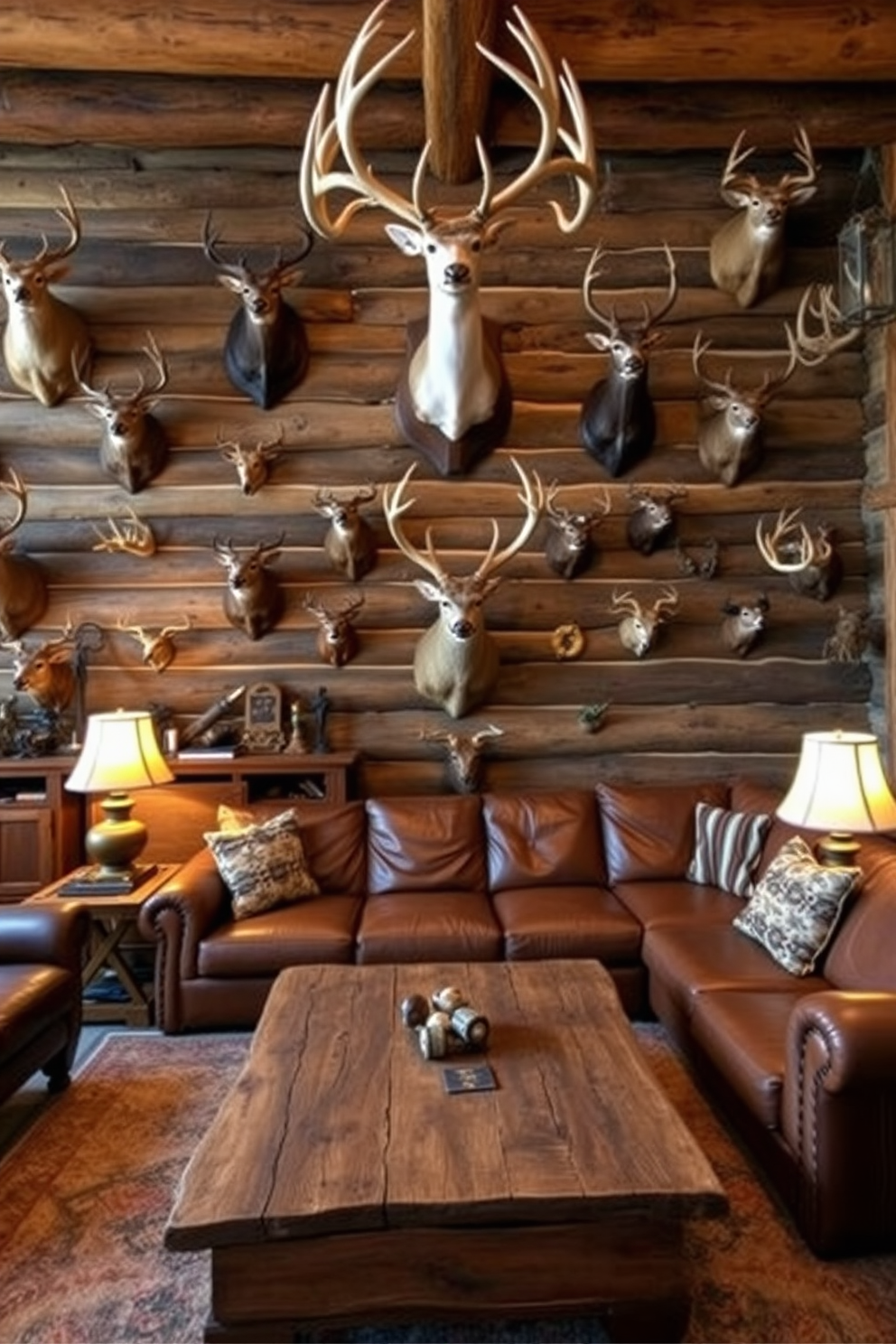 A rustic man cave designed to showcase hunting trophies as focal points. The walls are adorned with various mounted deer heads and antlers, creating a rugged and masculine atmosphere. The furniture includes a large leather sectional couch and a reclaimed wood coffee table. Warm lighting from vintage-style lamps adds to the cozy, inviting feel of the space.