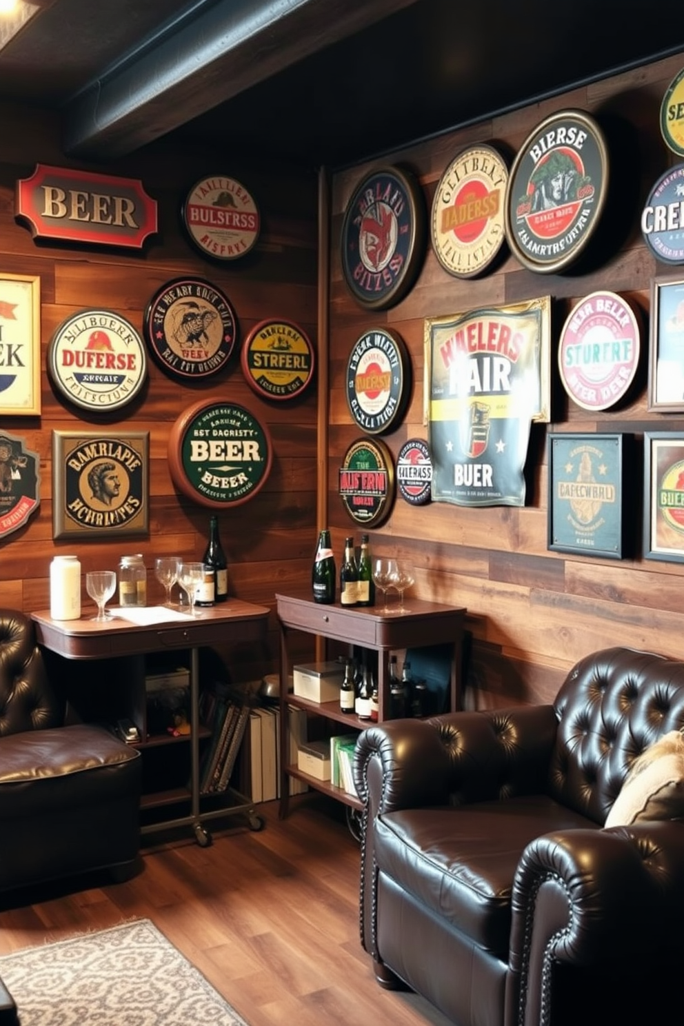 A cozy man cave adorned with vintage beer signs that evoke a sense of nostalgia. The walls are lined with reclaimed wood, and plush leather seating invites relaxation. A vintage bar cart sits in the corner, showcasing an array of craft beers and glassware. Soft, warm lighting enhances the ambiance, creating a perfect spot for gatherings with friends.