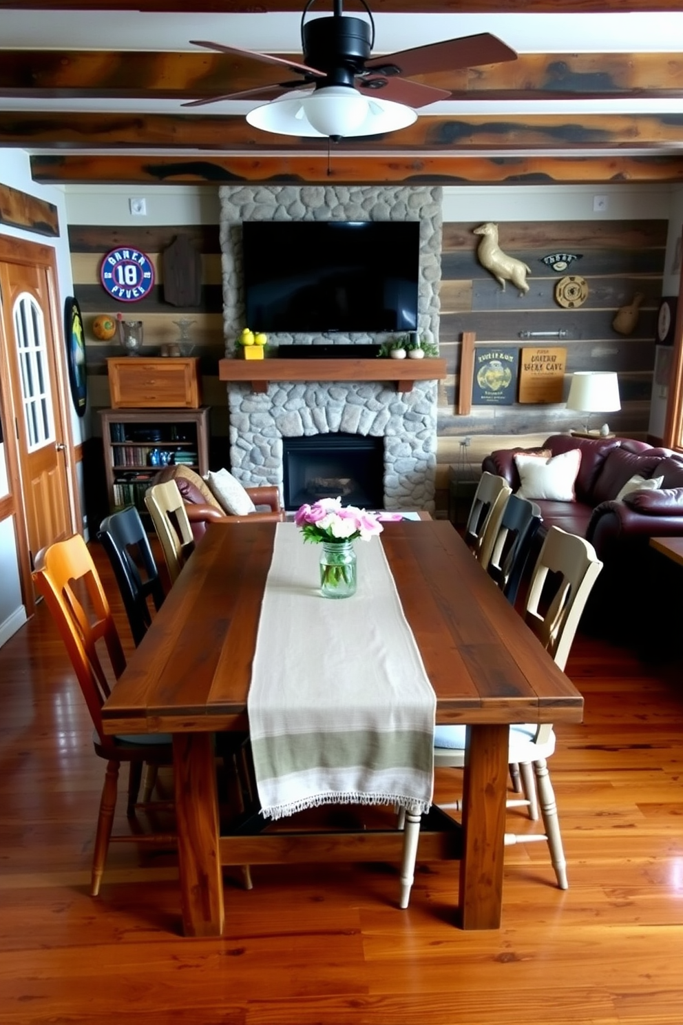 A cozy game table set up for poker nights. The table is made of reclaimed wood and surrounded by leather-upholstered chairs, creating an inviting atmosphere. The walls are adorned with vintage posters and dim lighting adds to the ambiance. A small bar cart in the corner is stocked with glasses and liquor, perfect for entertaining guests.