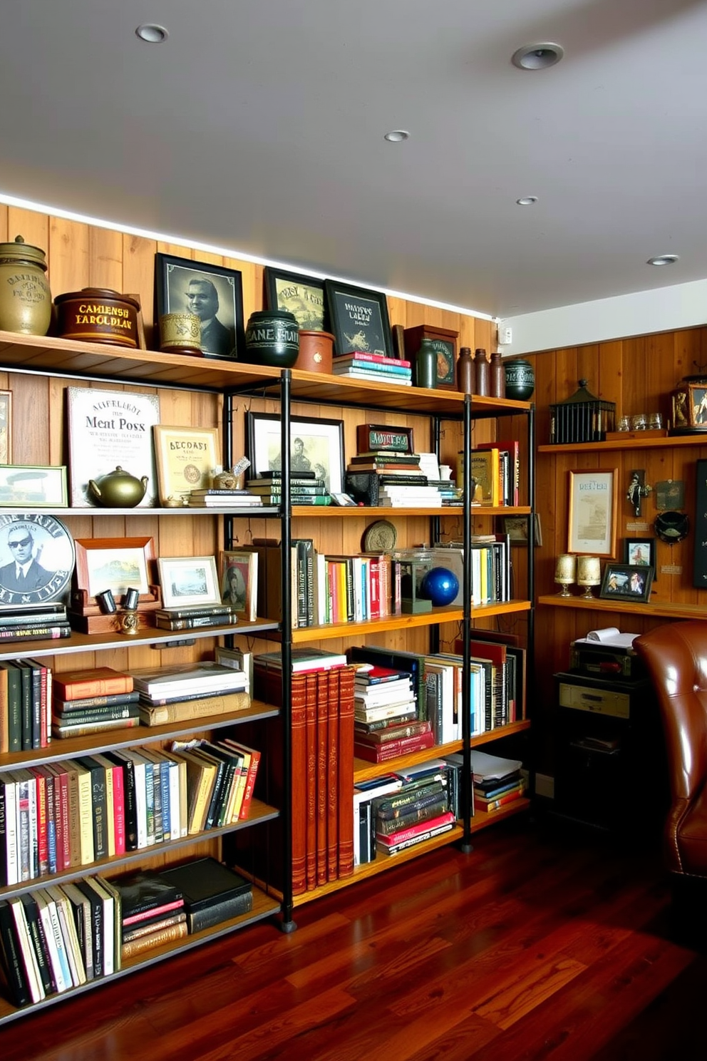 A rustic man cave featuring wood and metal shelving units that display an array of vintage memorabilia and books. The walls are adorned with reclaimed wood paneling, and the floor is a warm, dark hardwood that complements the overall cozy atmosphere.