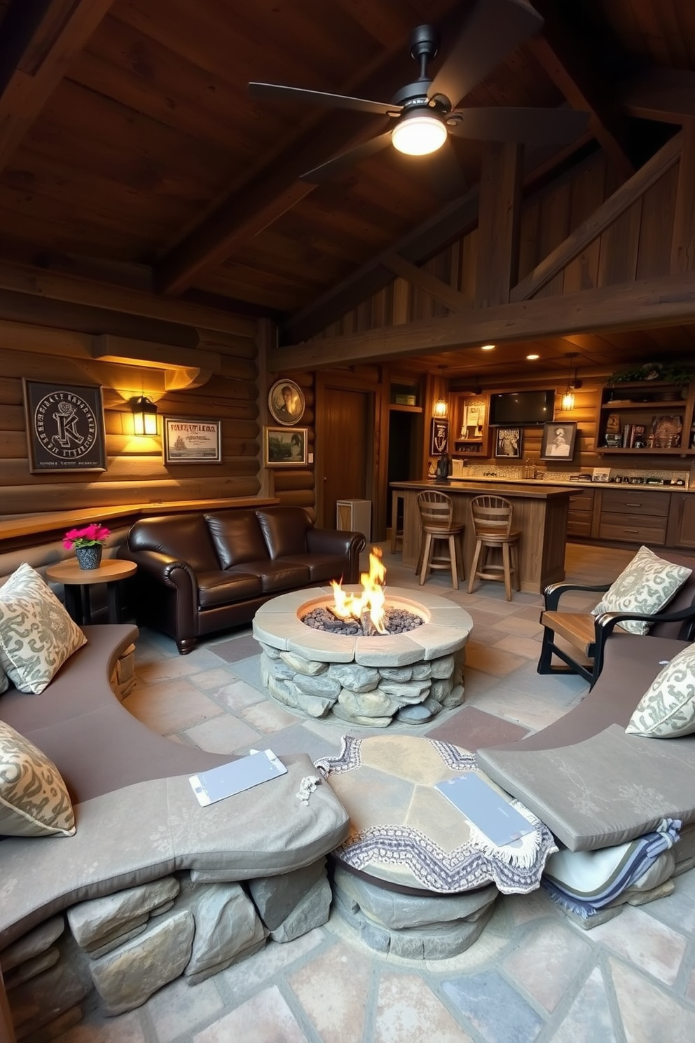 A cozy fire pit area surrounded by comfortable seating invites friends and family to gather. The space features natural stone seating, a circular fire pit at the center, and soft outdoor lighting to create a warm ambiance. The rustic man cave design incorporates reclaimed wood accents and vintage furniture for a laid-back atmosphere. A large leather sofa, a wooden bar with stools, and wall-mounted memorabilia complete the inviting space.