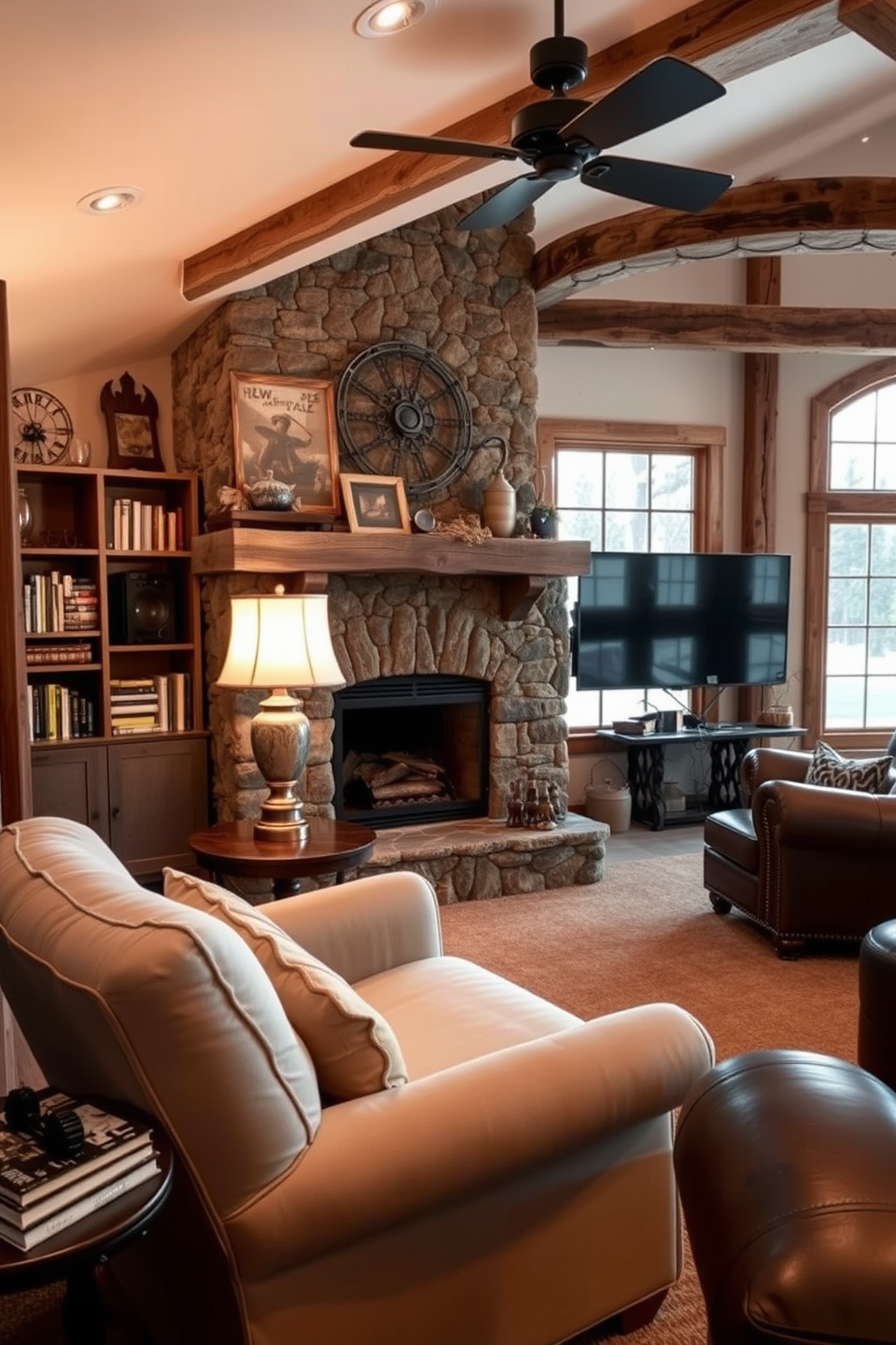 A cozy reading nook featuring a plush armchair upholstered in soft fabric. A small side table holds a stack of books and a warm lamp, with a large window allowing natural light to fill the space. A rustic man cave designed with reclaimed wood accents and leather furniture. A stone fireplace serves as the focal point, surrounded by vintage decor and a large flat-screen TV for entertainment.