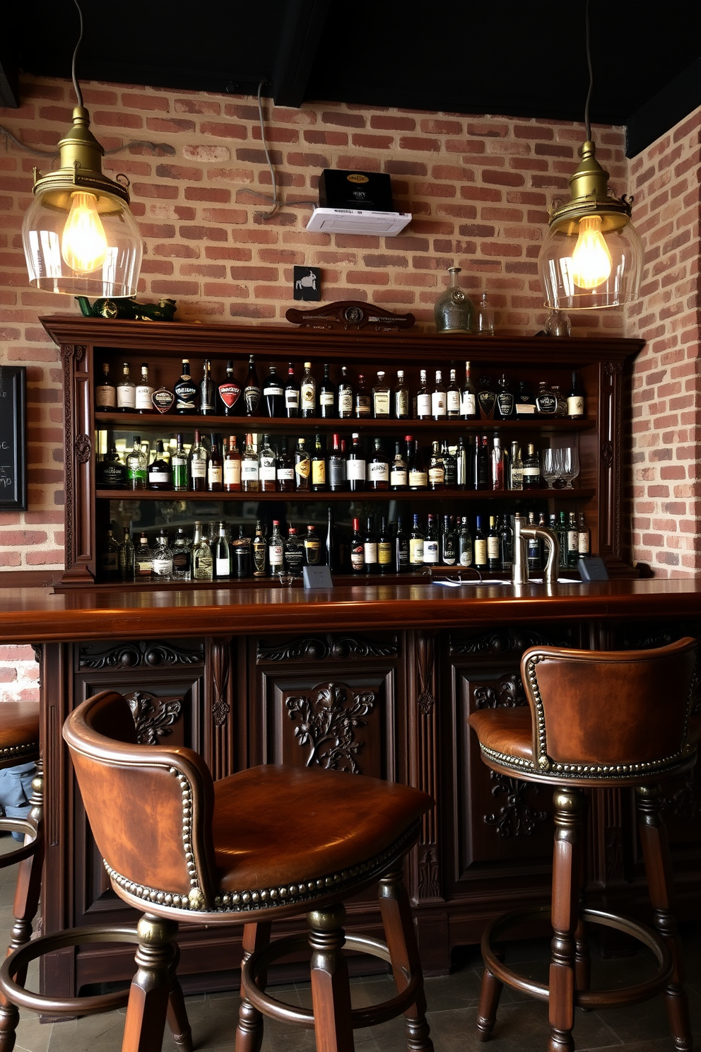 A vintage wooden bar with polished surfaces and intricate carvings stands against a backdrop of exposed brick walls. Stools with leather upholstery and antique brass accents are arranged around the bar, inviting a cozy atmosphere. The lighting is warm and dim, featuring industrial-style pendant lights hanging from the ceiling. Shelves behind the bar display an assortment of vintage liquor bottles and glassware, adding character to the rustic man cave.