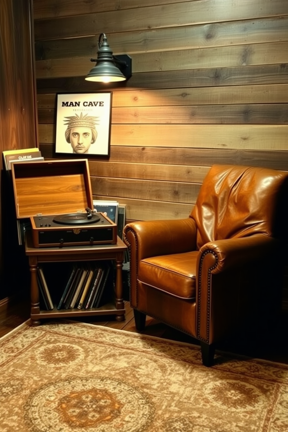 A cozy corner featuring an old-fashioned record player with a wooden finish sits atop a vintage side table. Surrounding the player are shelves filled with vinyl records, and a plush armchair in distressed leather invites relaxation. The walls are adorned with rustic wood paneling, creating a warm and inviting atmosphere. A soft area rug with earthy tones lies underfoot, while dim lighting from an industrial-style lamp adds to the man cave's charm.