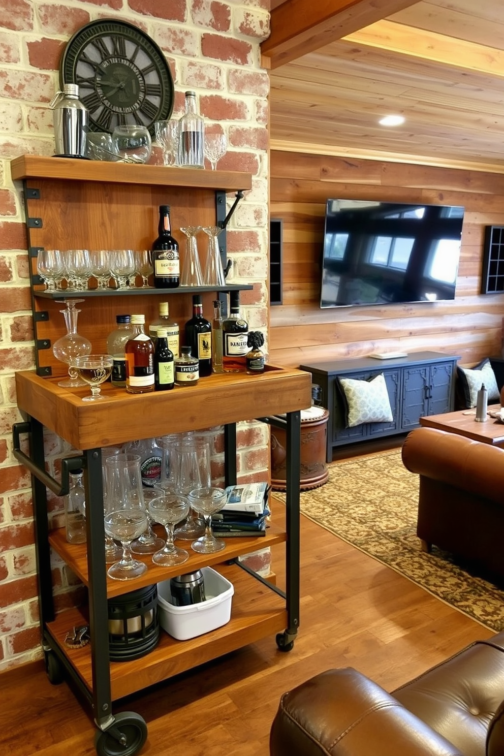 A rustic bar cart made of reclaimed wood with metal accents. It features an assortment of glassware, a vintage cocktail shaker, and a selection of artisanal spirits, all set against a backdrop of exposed brick walls. A cozy man cave designed with warm wood paneling and leather furniture. The space includes a large sectional sofa, a rustic coffee table, and a mounted flat-screen TV, creating the perfect atmosphere for relaxation and entertainment.