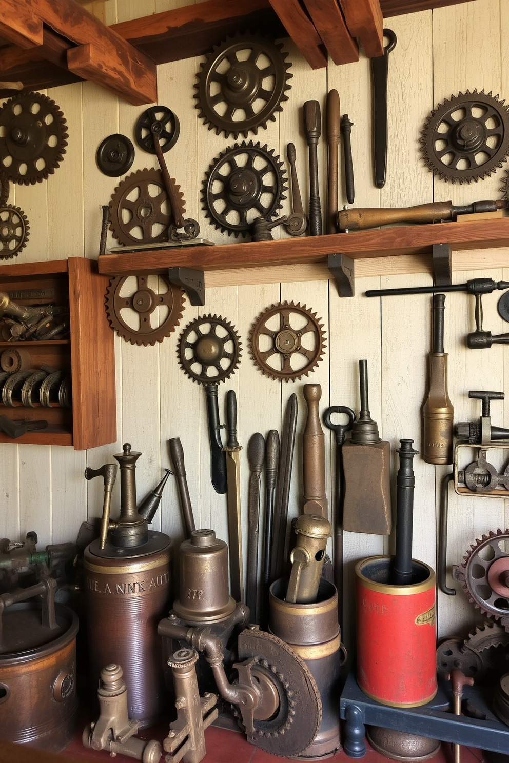 A rustic man cave featuring antique tools and machinery as decor elements. The walls are adorned with vintage gears and old wooden shelves displaying various tools, creating an industrial yet cozy atmosphere.