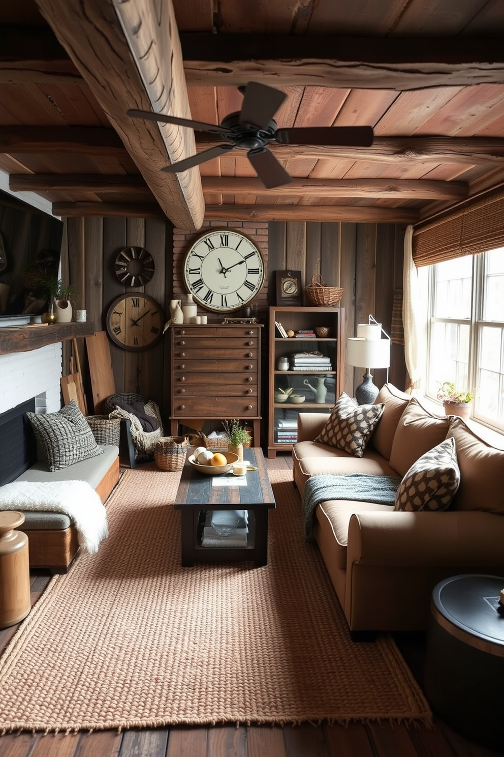 A rustic man cave featuring a wooden ladder for blanket display. The space is adorned with warm wood tones, exposed brick walls, and comfortable leather furniture.