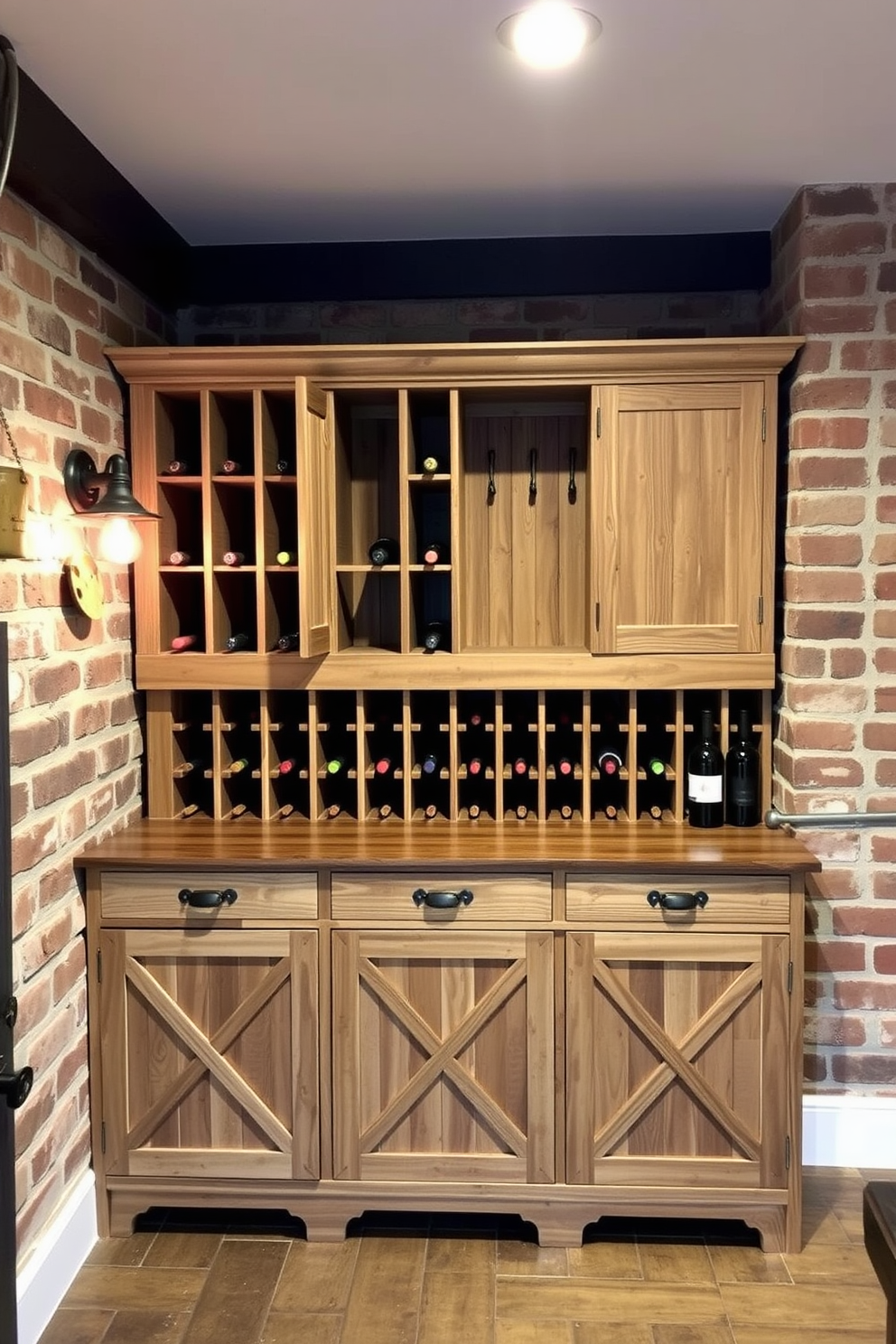 A rustic man cave featuring a wooden wine rack designed for optimal storage. The space is adorned with exposed brick walls and warm lighting, creating a cozy and inviting atmosphere.