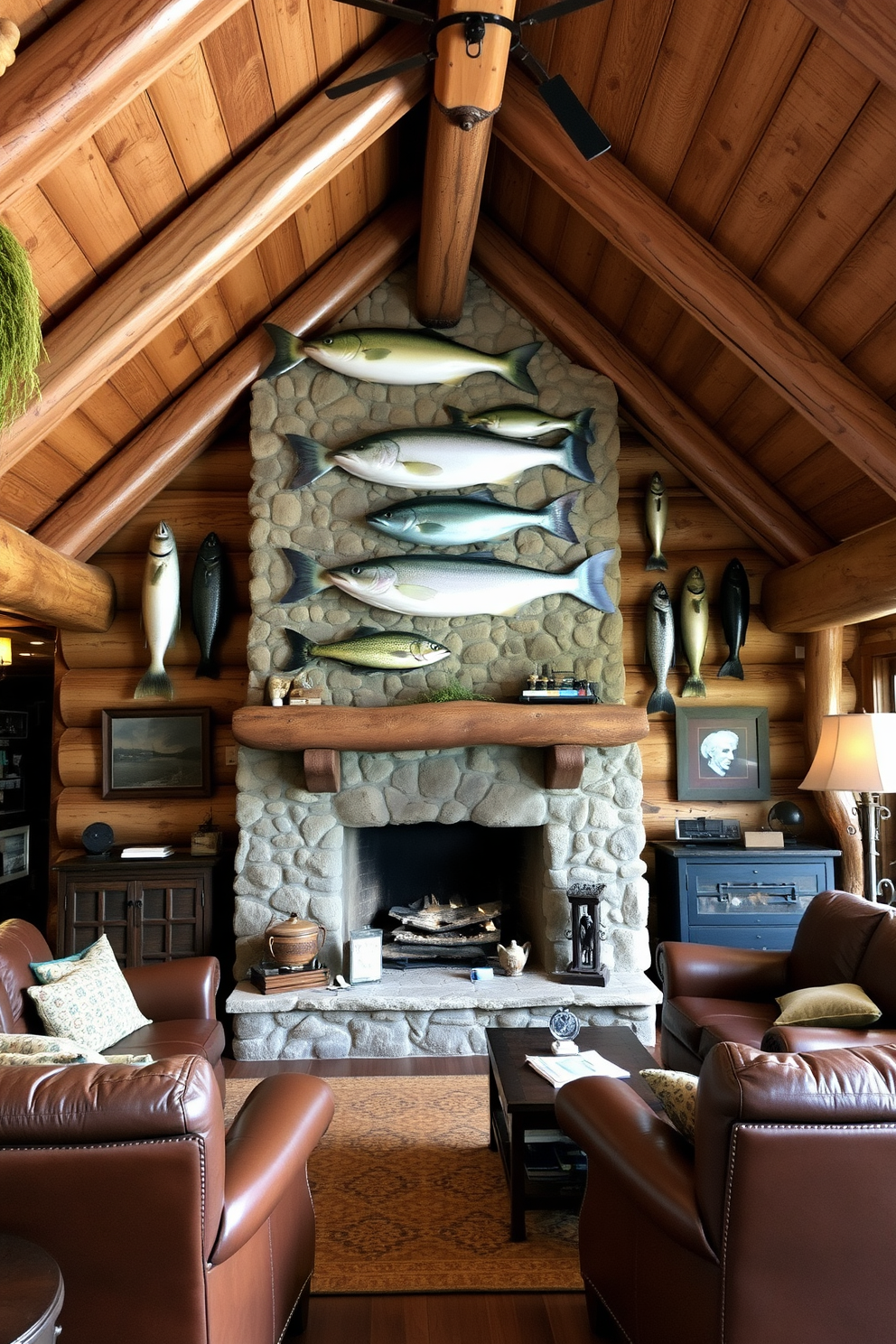 A rustic man cave featuring trophy fish mounted on the wall creates an inviting atmosphere. The space is adorned with wooden beams and a stone fireplace, complemented by leather seating and vintage fishing memorabilia.