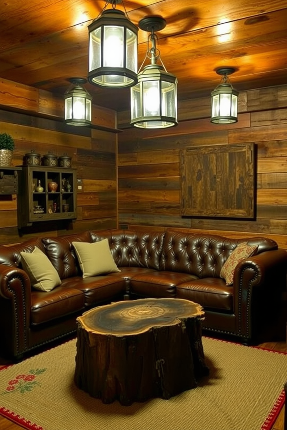 A cozy man cave featuring rustic lanterns that provide soft, warm lighting throughout the space. The walls are adorned with reclaimed wood panels, and a plush leather sofa is positioned around a vintage coffee table made from a tree stump.