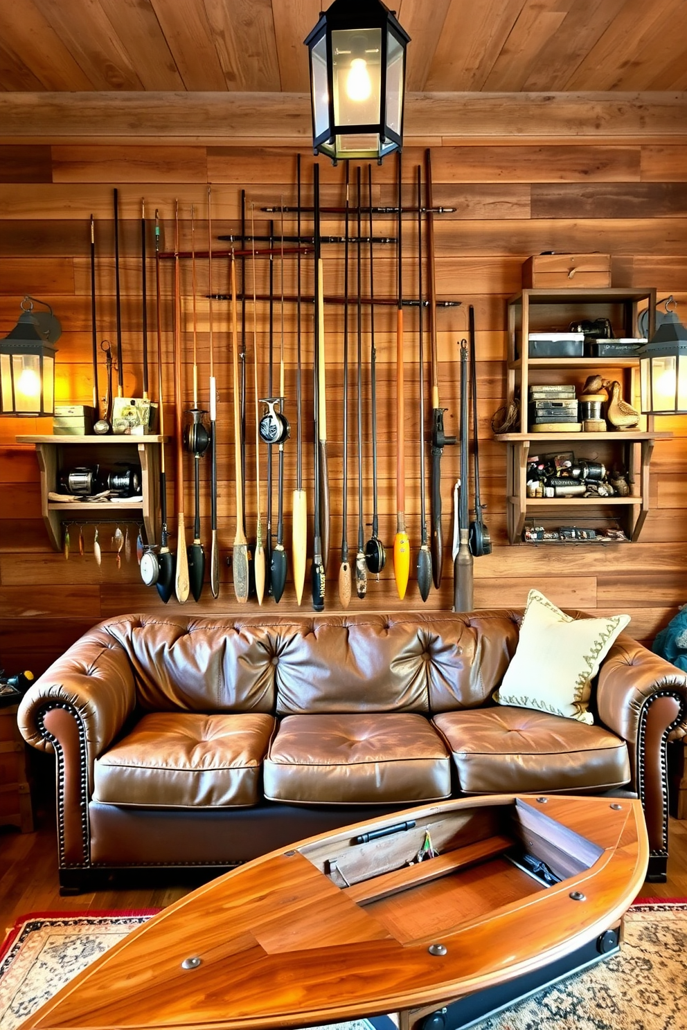 A collection of vintage fishing rods and reels is mounted on a reclaimed wood wall, creating a focal point in the room. Surrounding the display are rustic shelves filled with fishing tackle boxes and antique lures, enhancing the man cave's charm. The seating area features a distressed leather sofa paired with a wooden coffee table made from a repurposed boat. Ambient lighting is provided by lantern-style fixtures, adding warmth and character to the space.