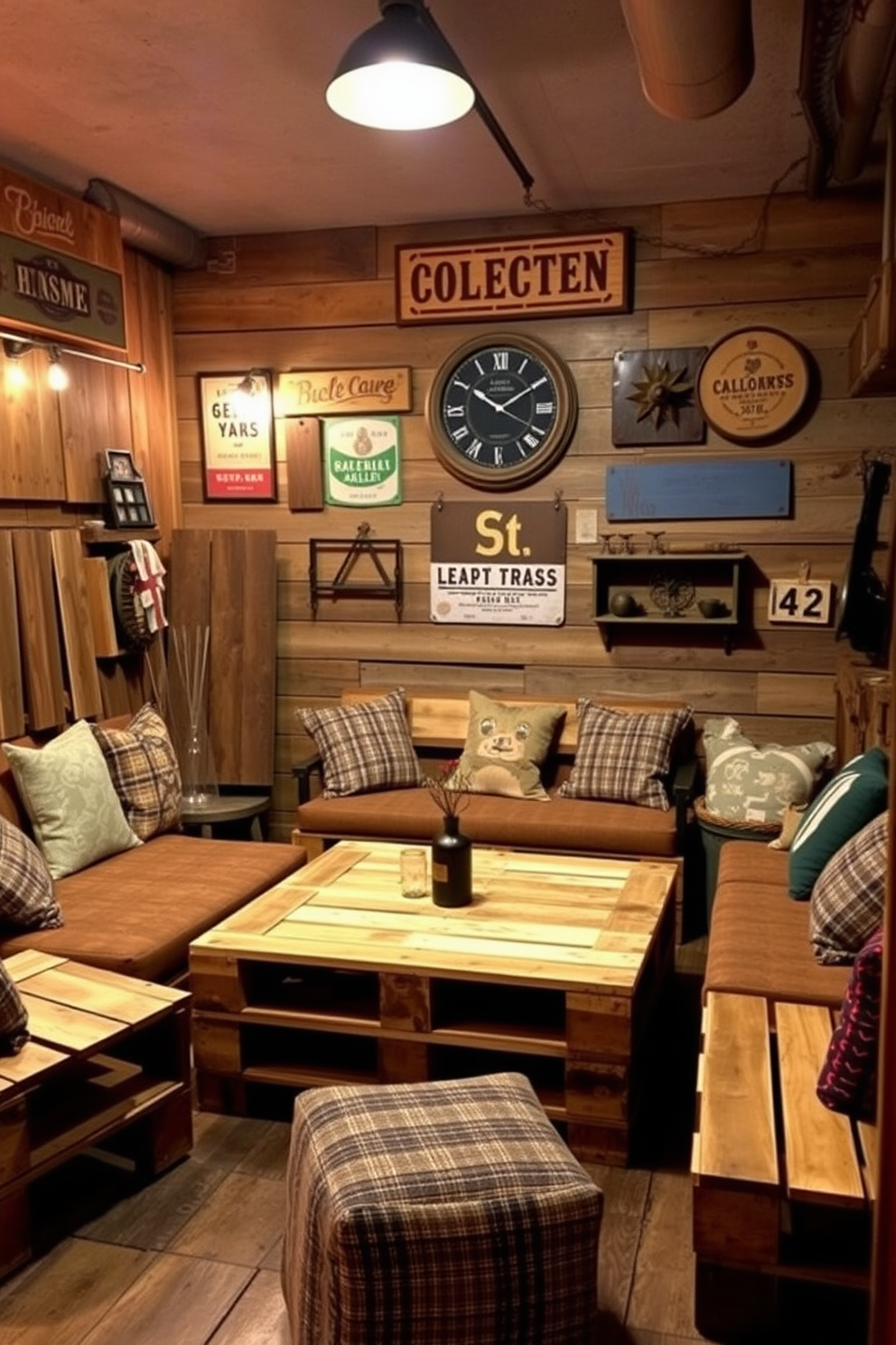 A cozy rustic man cave featuring wooden pallets as furniture. The space includes a pallet coffee table surrounded by comfortable seating made from repurposed materials. The walls are adorned with vintage signs and rustic decor elements. Soft lighting from industrial-style fixtures creates a warm and inviting atmosphere.